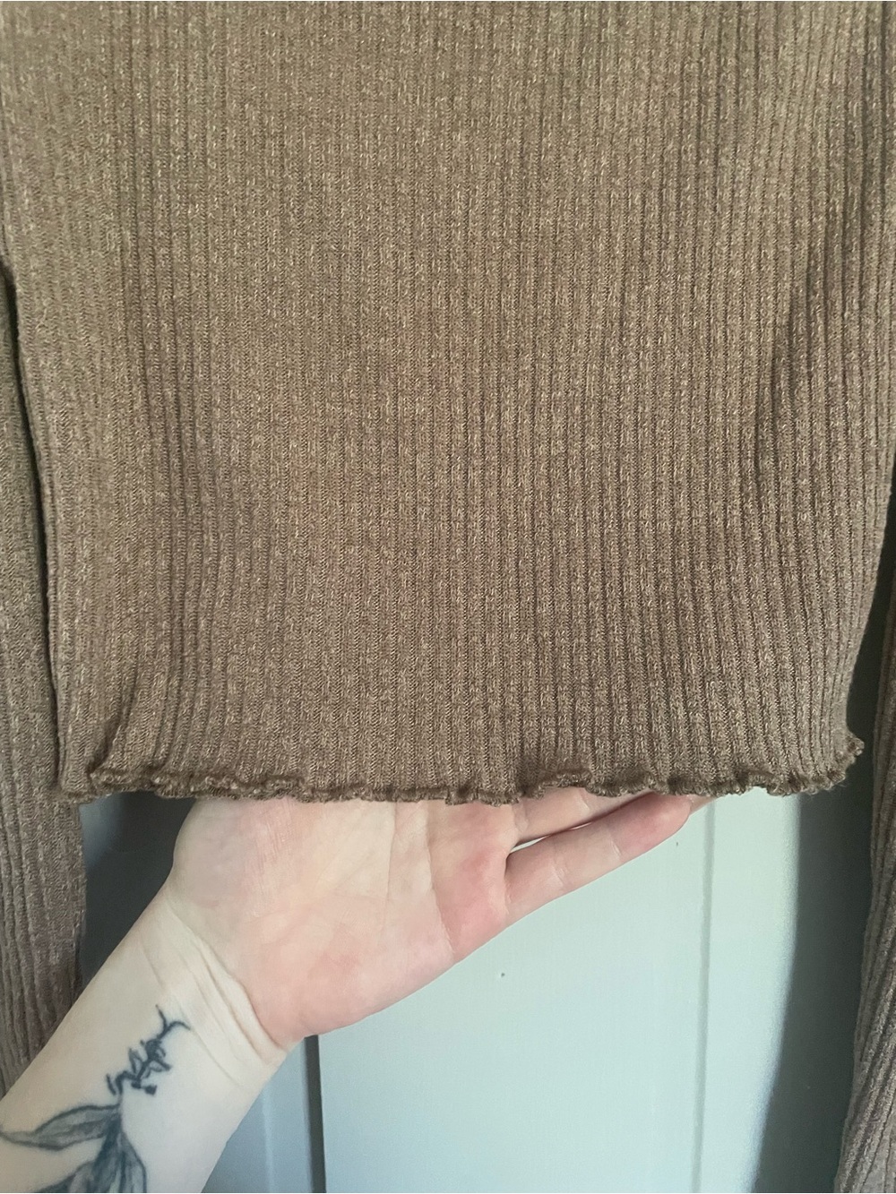 SHEIN Brown Beige Off-Shoulder Ribbed Crop Top Body-con Sexy Summer Longsleeve - Picture 10 of 12